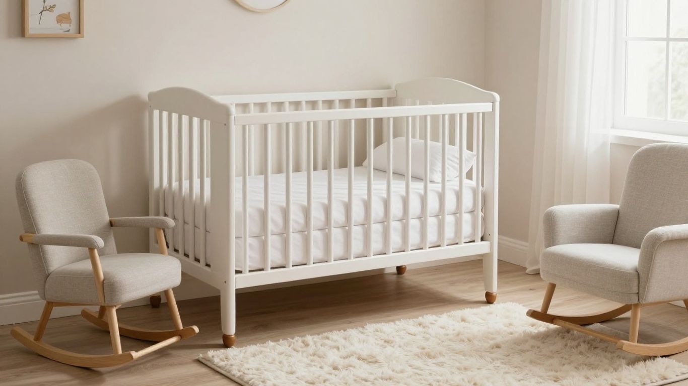 Peaceful nursery with crib, rocking chair, and soft lighting.