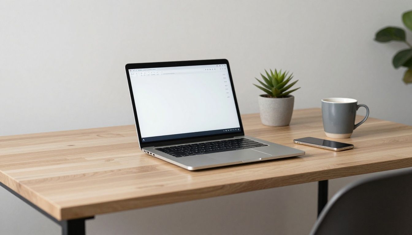 Uma mesa de escritório organizada e minimalista com um laptop aberto e uma xícara de café, simbolizando foco e produtividade
