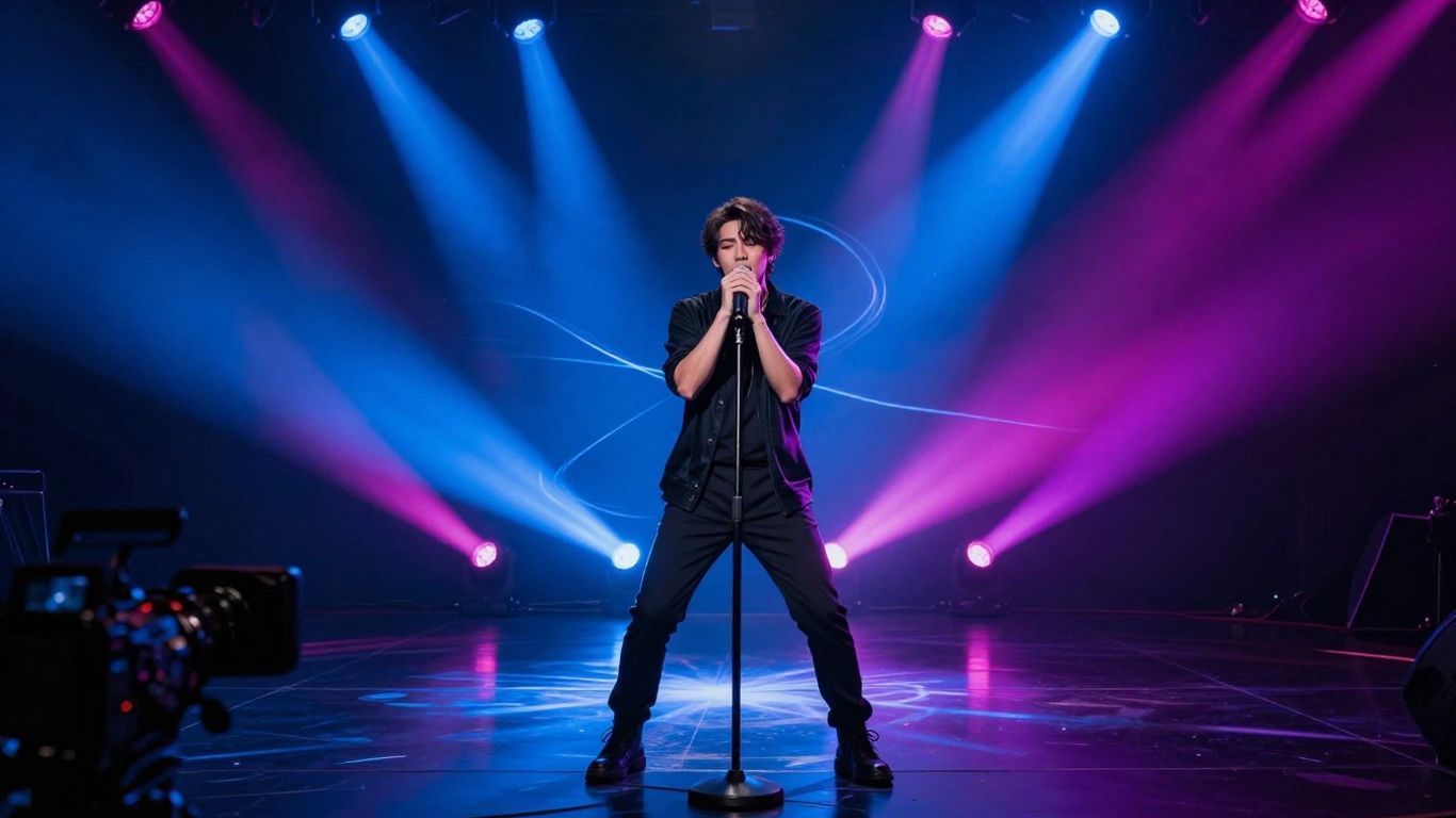 Singer performing under colored studio lights with reactive visuals