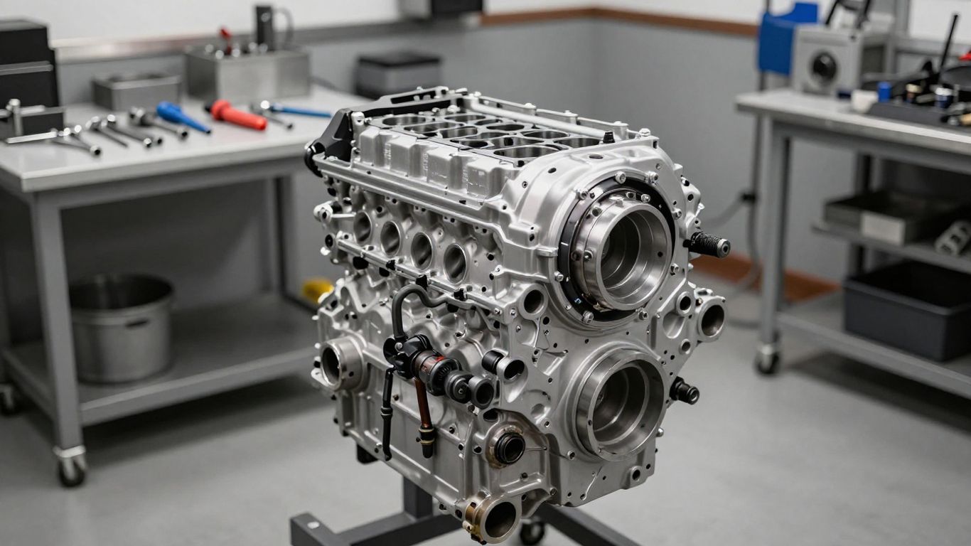 Technician working on a clean engine assembly