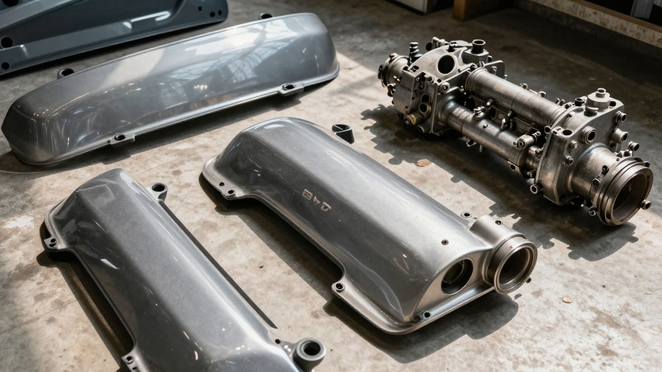 Used BYD car parts laid out for inspection.