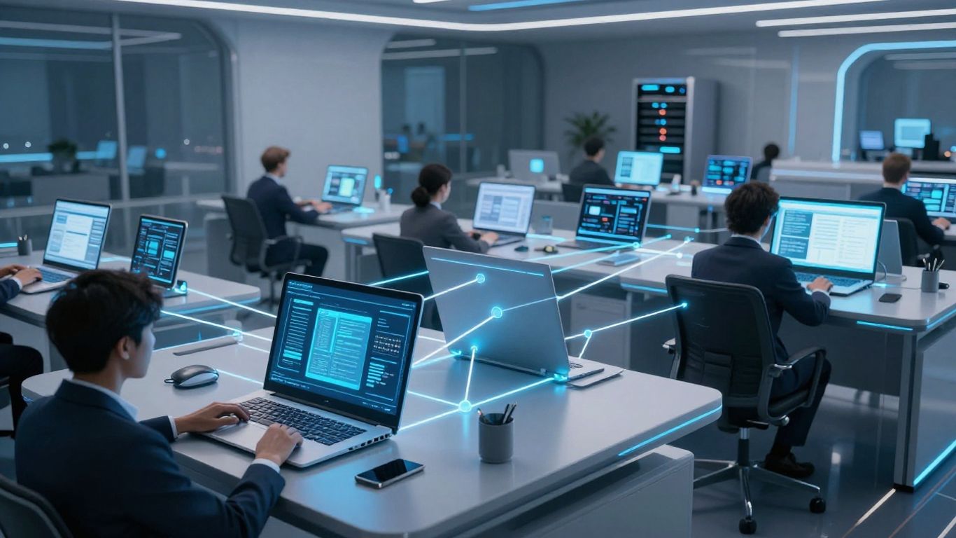 Futuristic office with interconnected devices and glowing data lines.