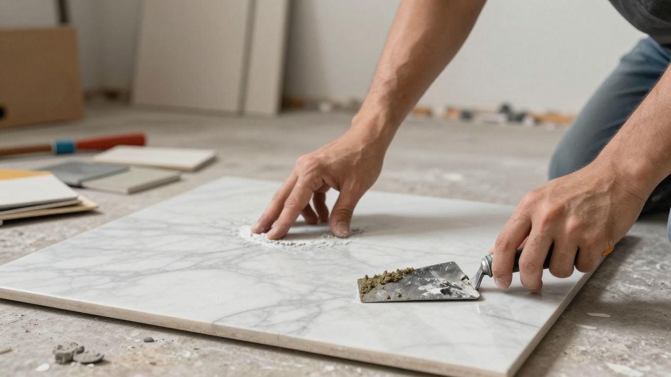 Marble tile installation with professional tools.