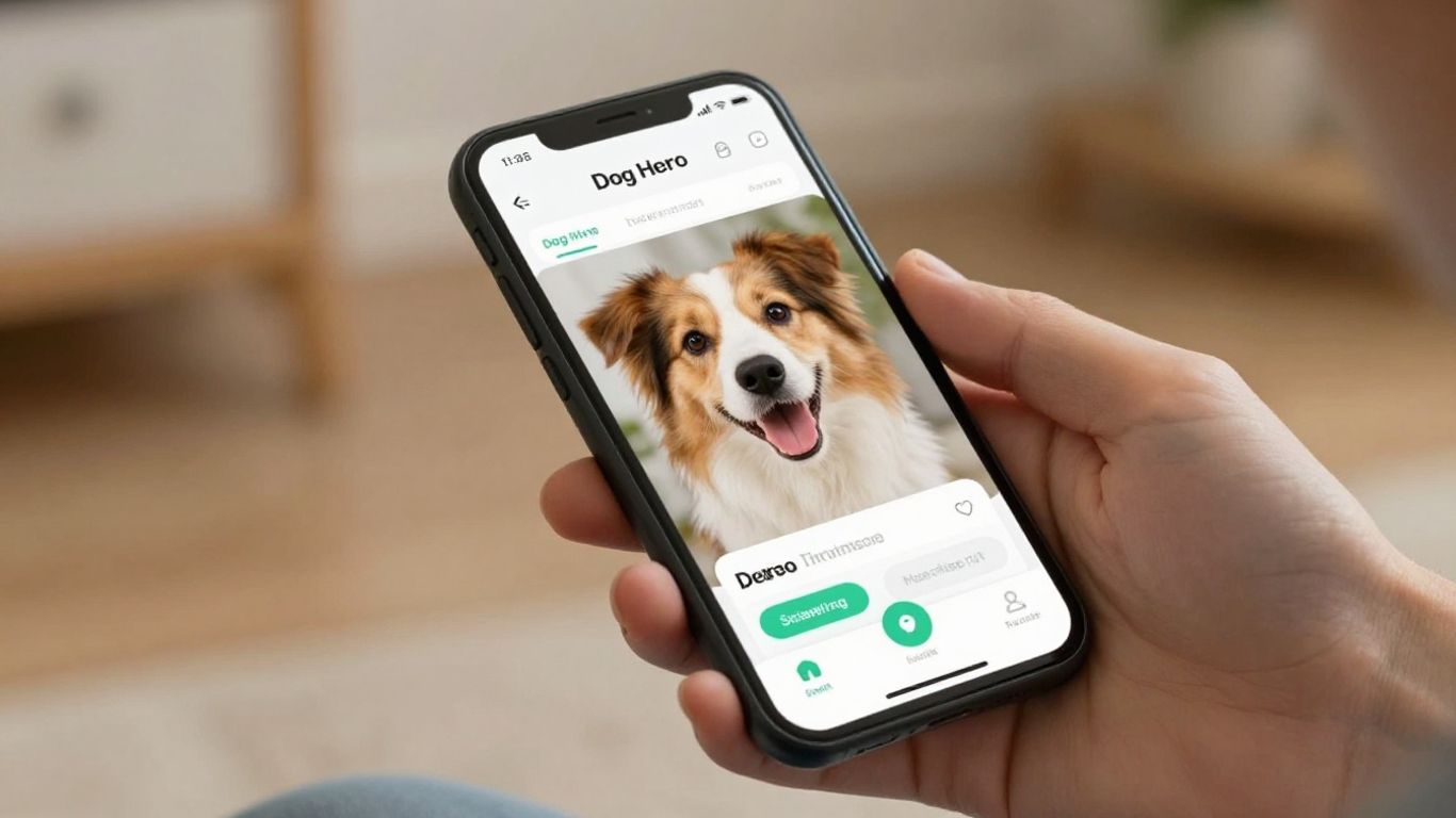 Pessoa usando aplicativo Dog Hero no celular com cachorro feliz.