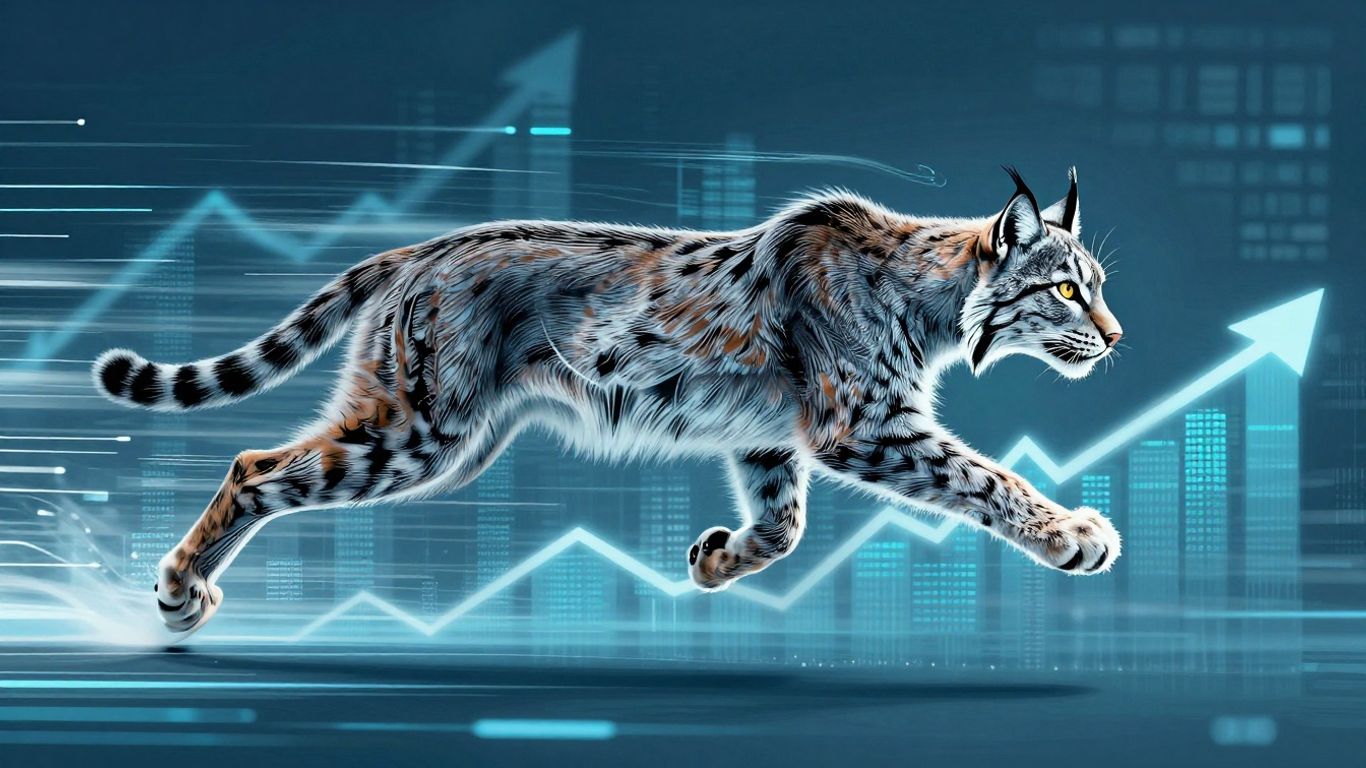 Lynx leaping forward with digital patterns