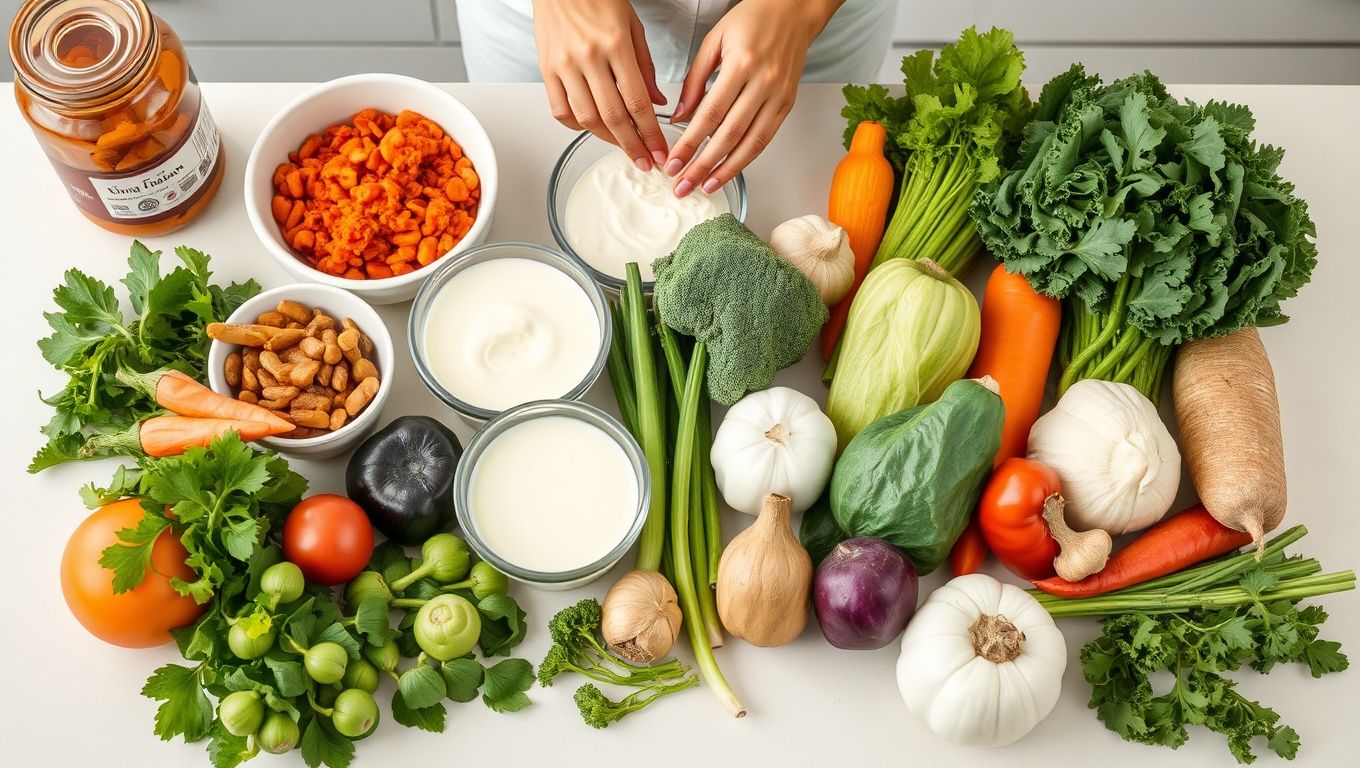 A diverse array of colorful, gut-friendly foods like kimchi, yogurt, kefir, and fresh vegetables arranged neatly on a clean, light-colored kitchen counter. A person's hands are visible, preparing a healthy meal.