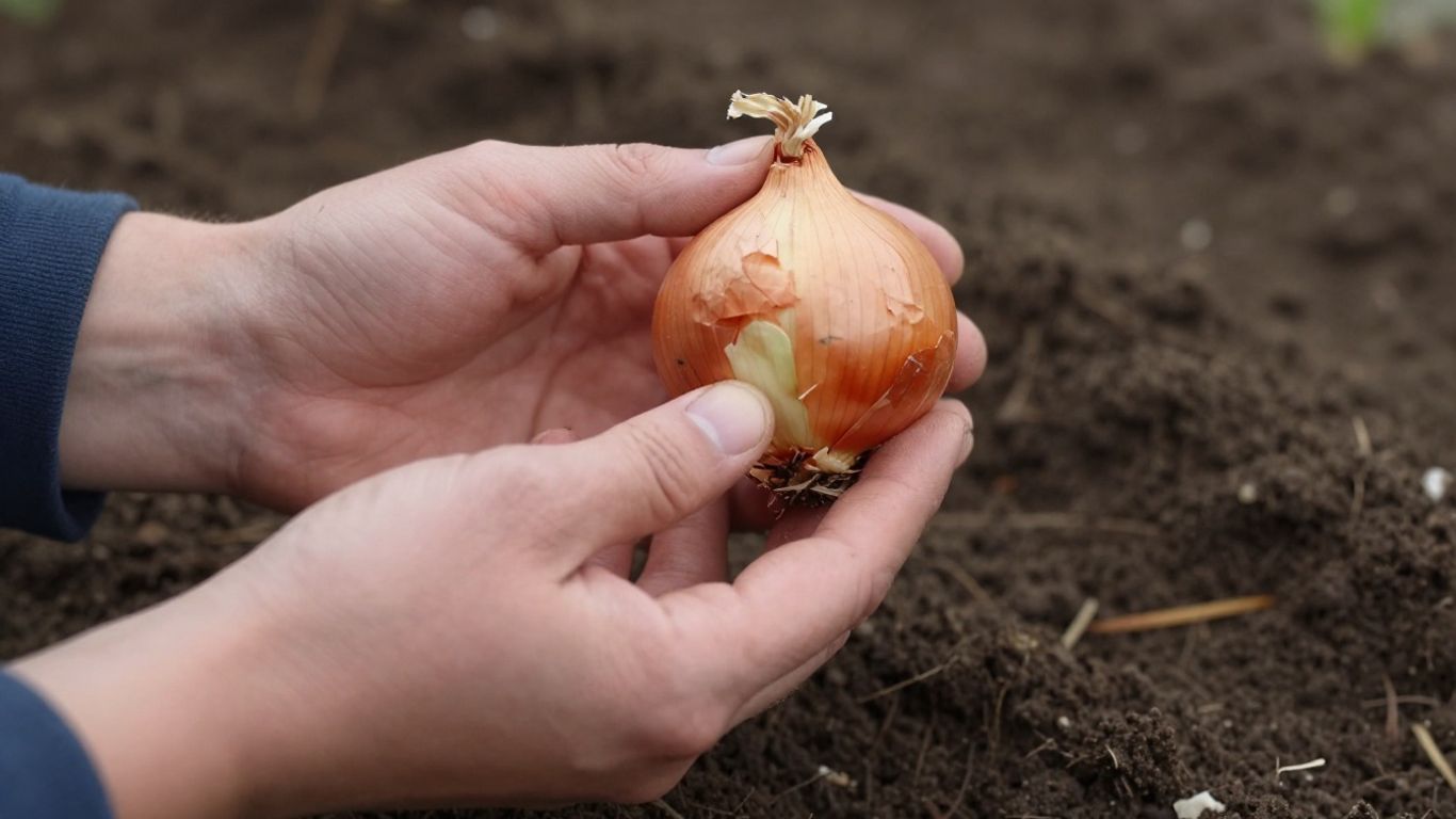 Gärtnerhände halten Steckzwiebeln über dunkler Erde.
