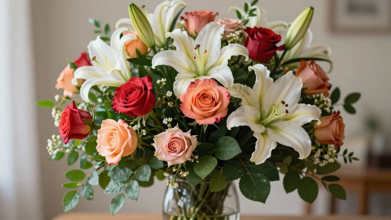 Bespoke floral arrangement with roses and lilies in Altona.