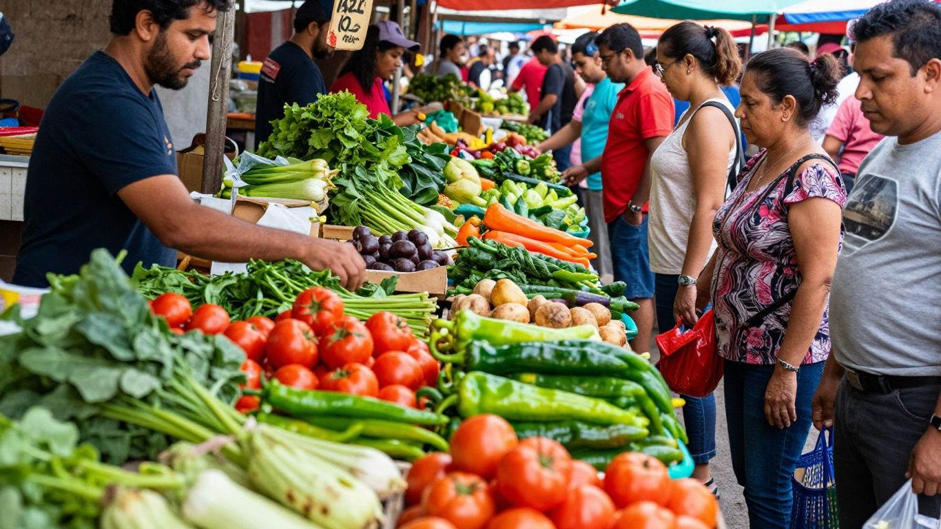 Colorful produce stalls at a bustling outdoor French market.