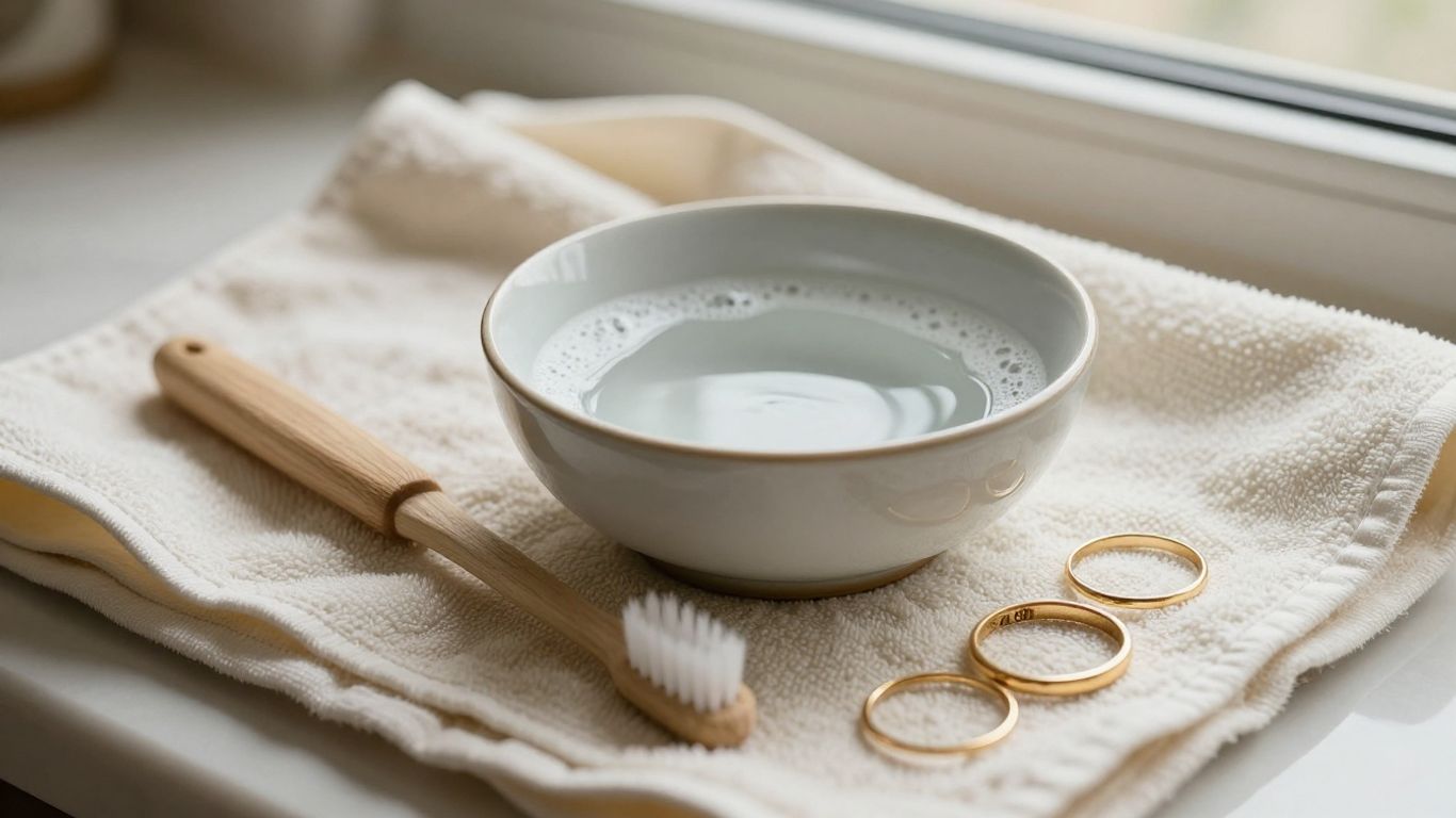 Gold jewellery cleaning supplies beside a bowl