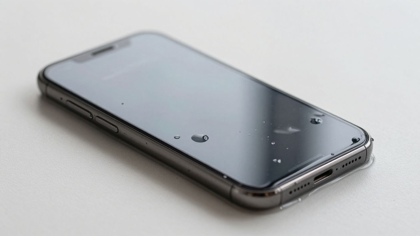 Smartphone partially submerged in water, water droplets on screen.