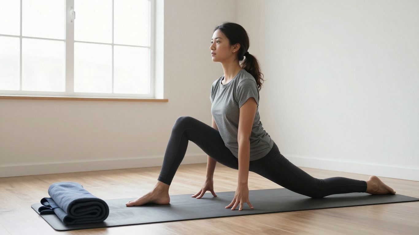 Beginner practicing yoga beside a bright window