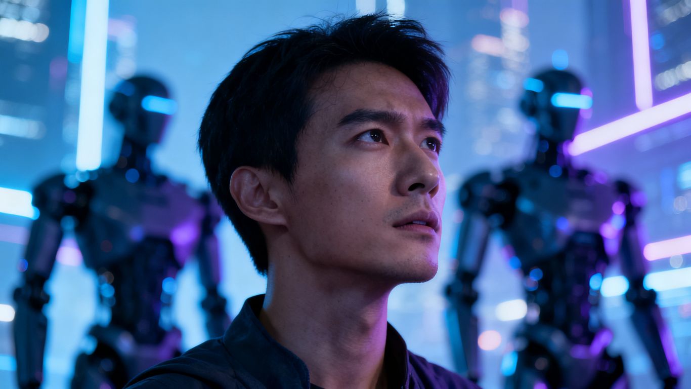 Person looking at futuristic city with AI robots.