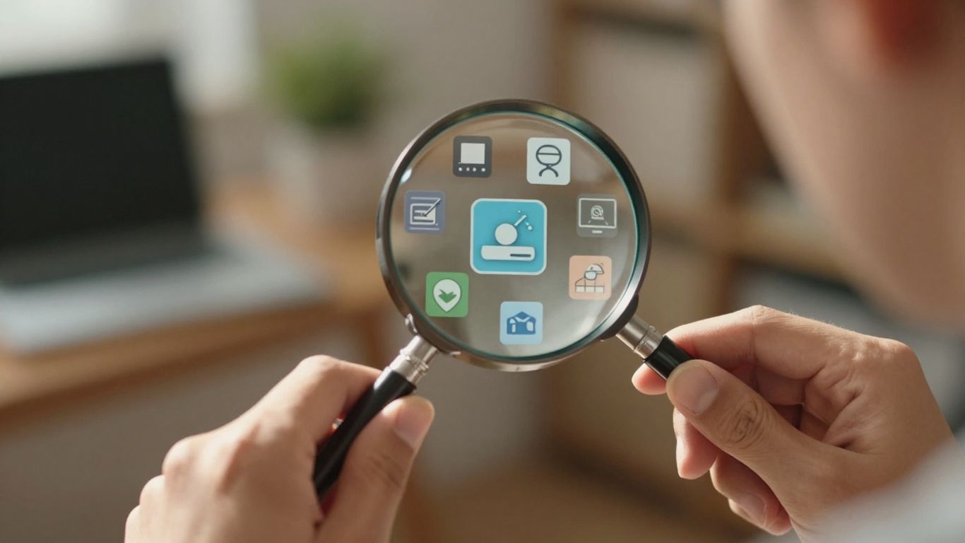 Magnifying glass over digital icons for keyword strategy.