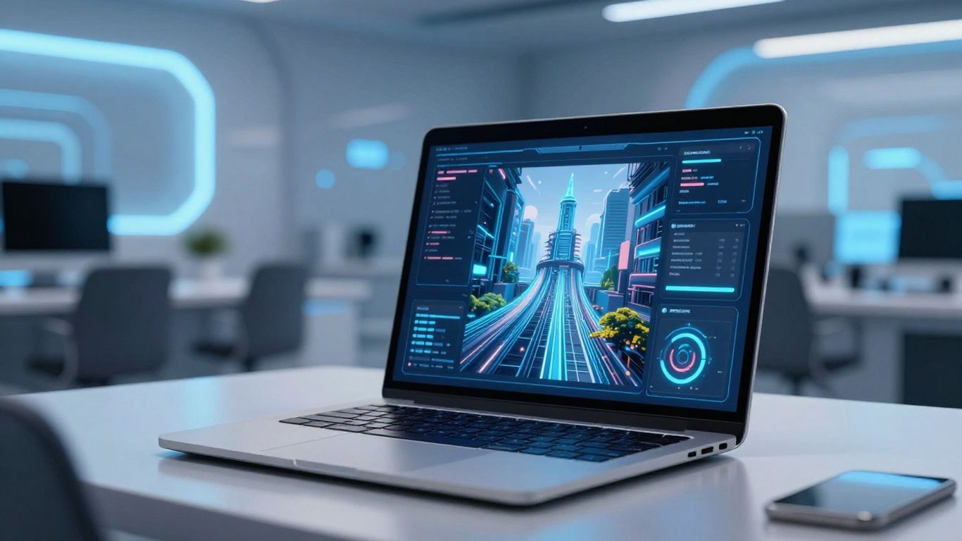 Futuristic workspace with AI-generated digital art on laptop.