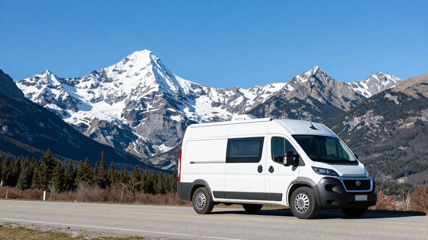 Campervan parked with Canadian Rockies mountains behind