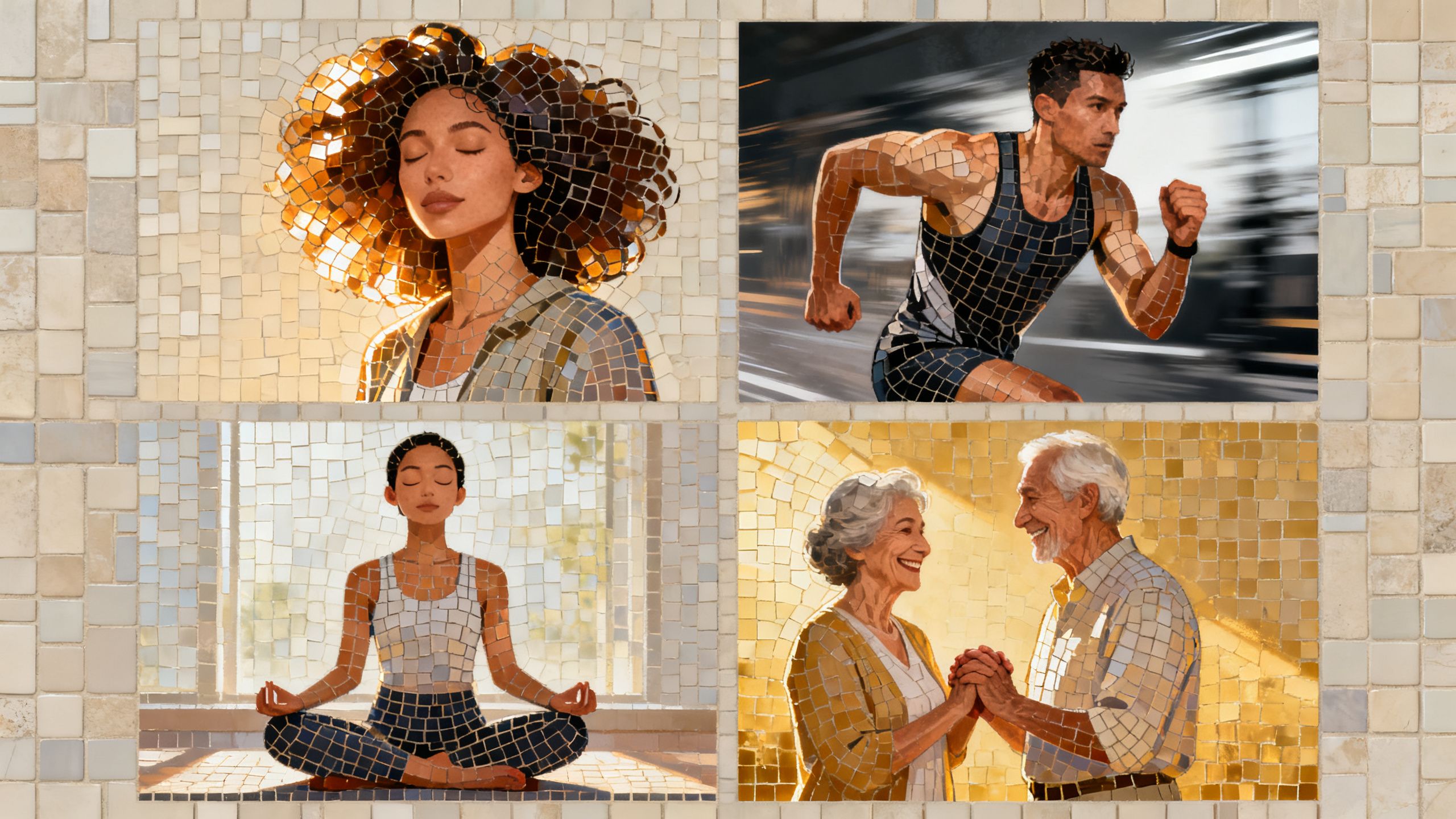 Une mosaïque de quatre images montrant une femme aux cheveux éclatants, un athlète en plein effort, une personne méditant paisiblement, et un couple senior souriant, représentant les différentes catégories de bien-être