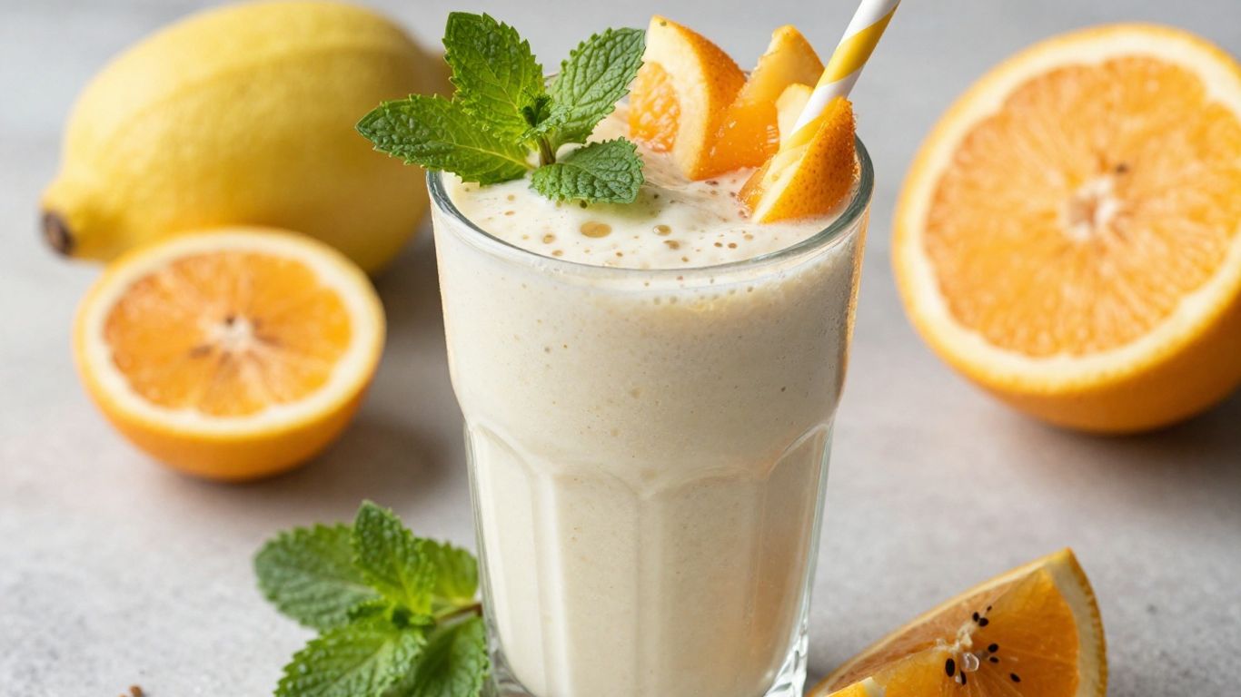 Herbalife shake with fruits and mint leaves.