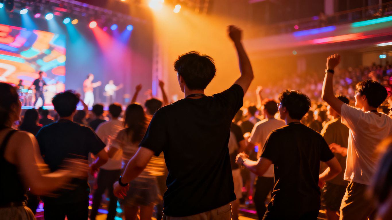 Energetic live event with engaged attendees and vibrant lighting.