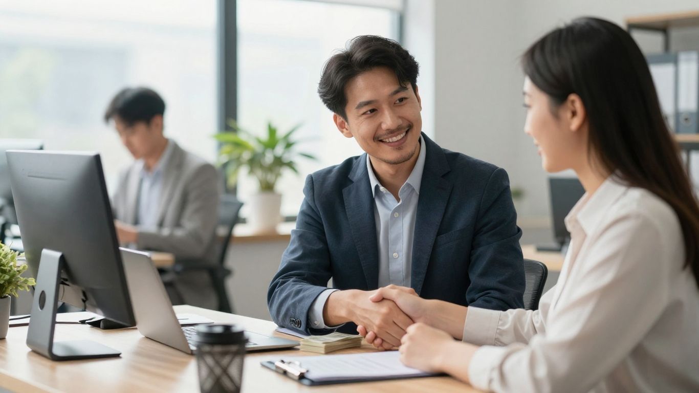 Mortgage broker shaking hands with client, money in background.