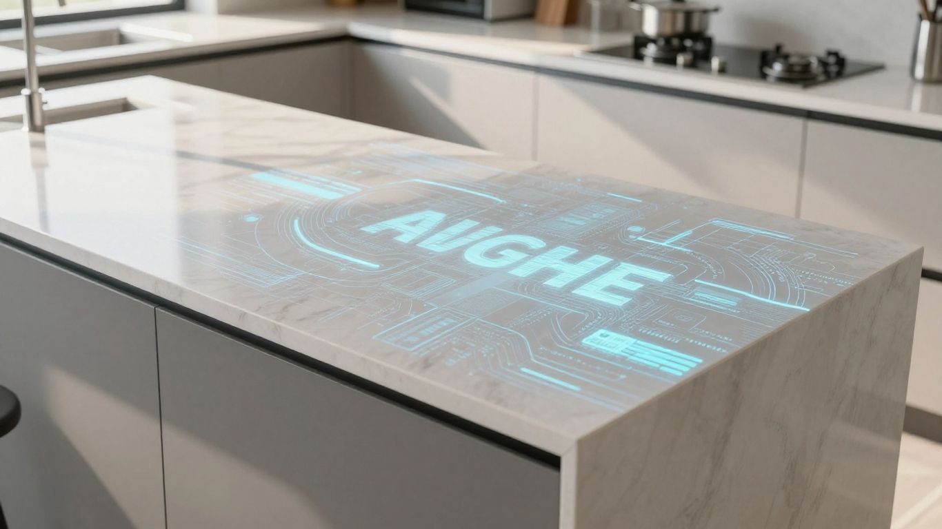 Modern kitchen countertop with digital marketing pattern.