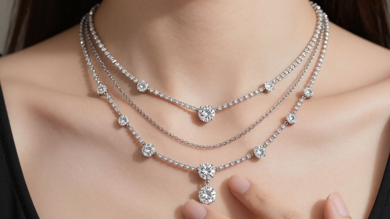 Layered diamond necklaces on a woman's hand.