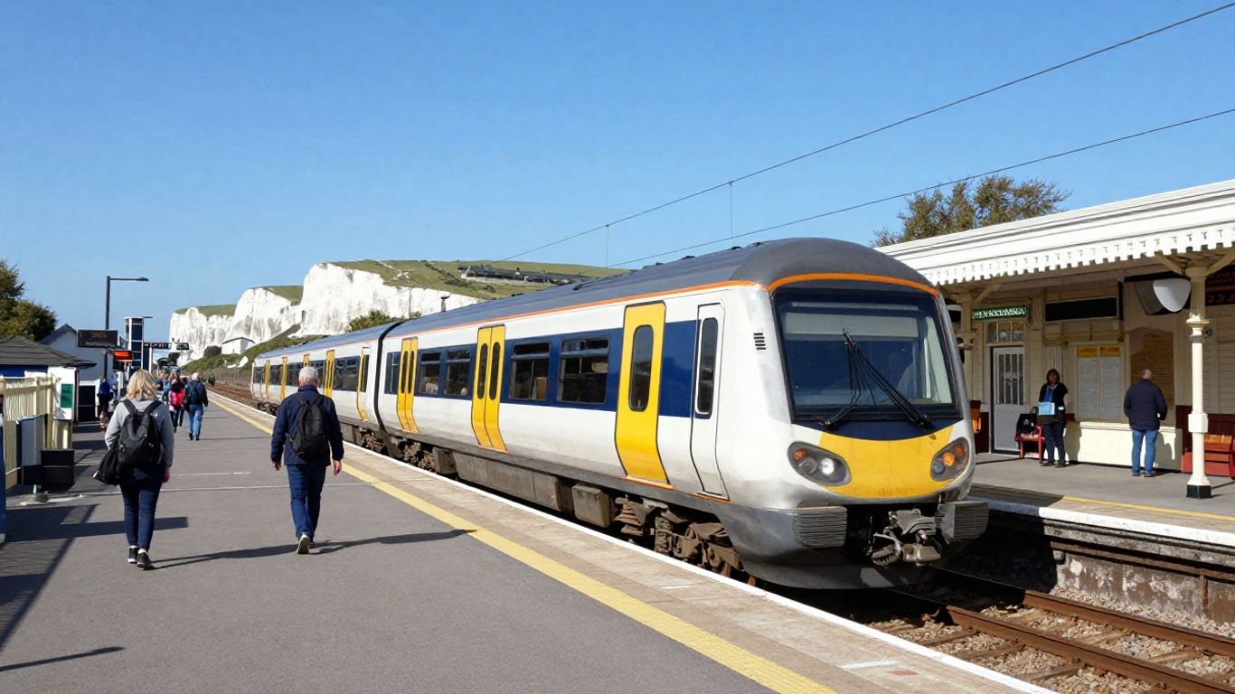 Dover Priory station with train and white cliffs.