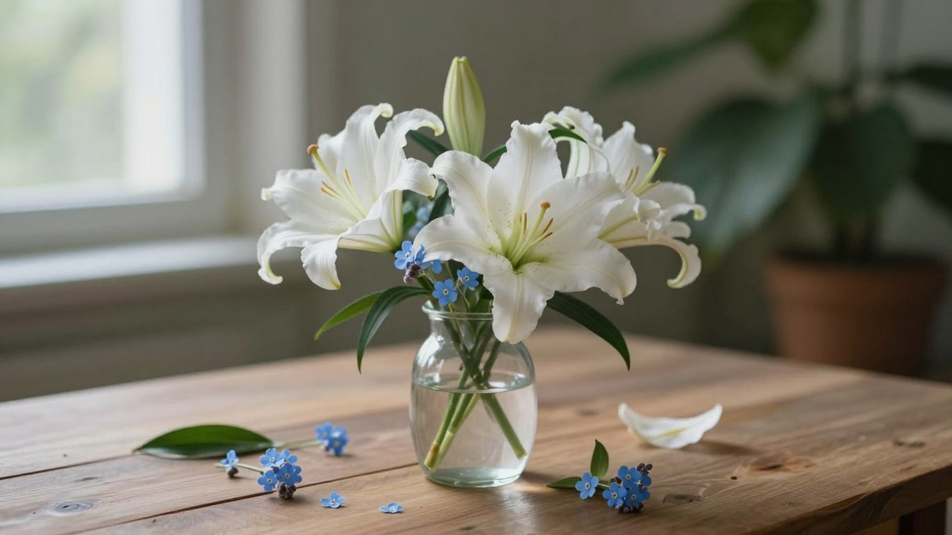 Soft white lilies and forget-me-nots in a quiet garden