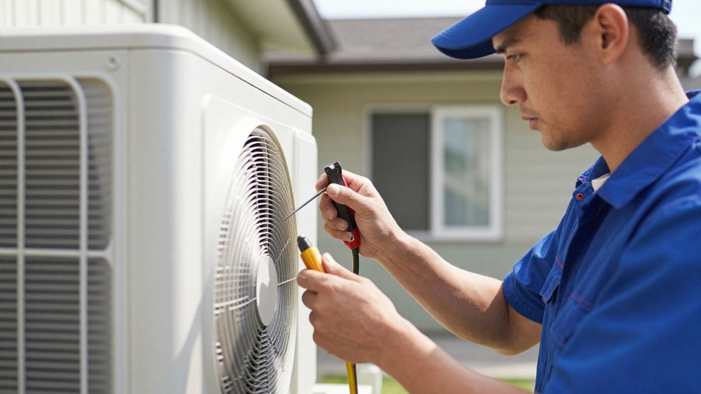 AC repair technician fixing an outdoor AC unit.