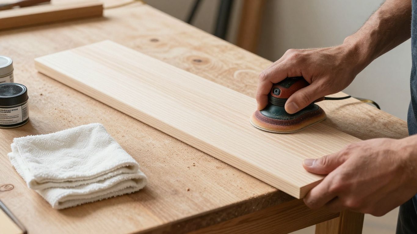 Hand sanding a timber board beside finish supplies