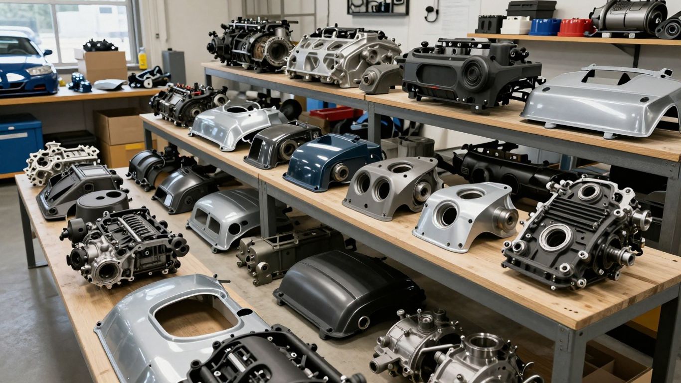 BMW car parts neatly organized in a workshop.
