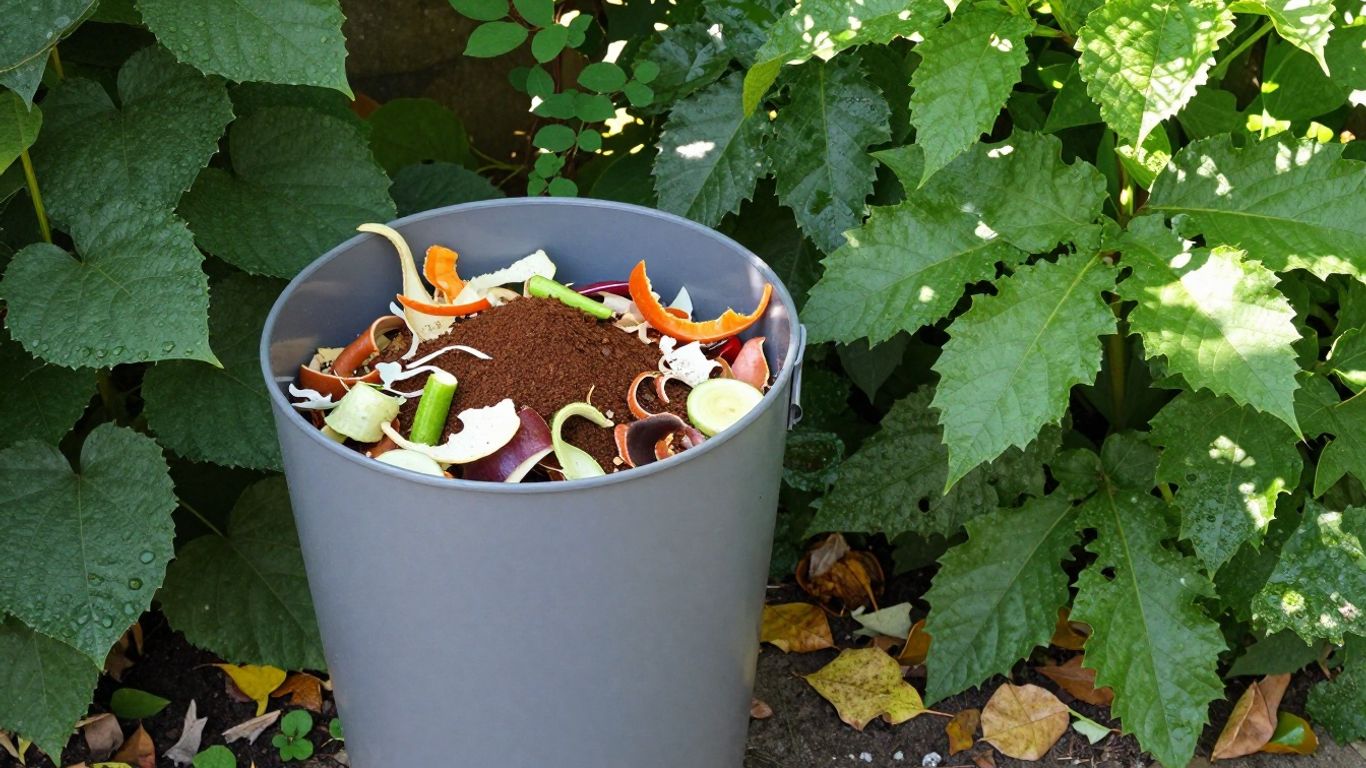 Composteur dans un jardin avec des déchets organiques.