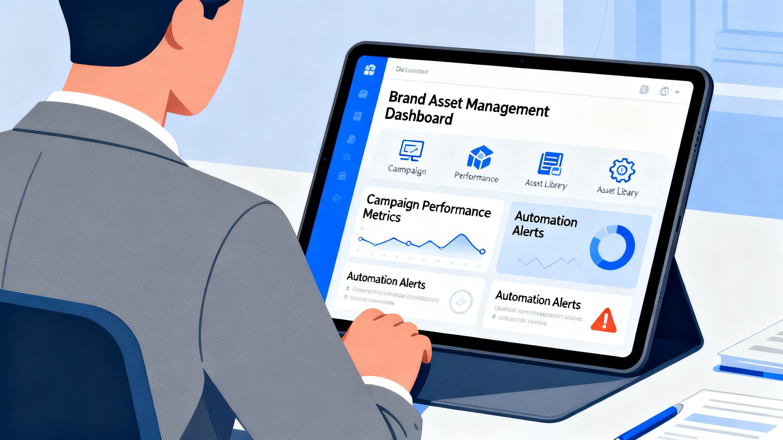 Un professionista del marketing utilizza una dashboard su un tablet per gestire gli asset del brand, illustrando la potenza degli strumenti di automazione del branding.