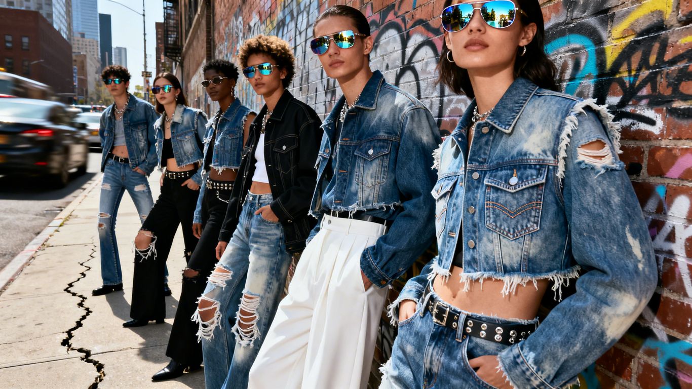Stylish people wearing trendy denim outfits for 2025.