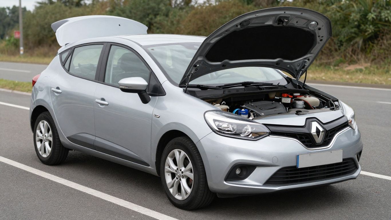 Driver inspecting Renault vehicle near a repair workshop