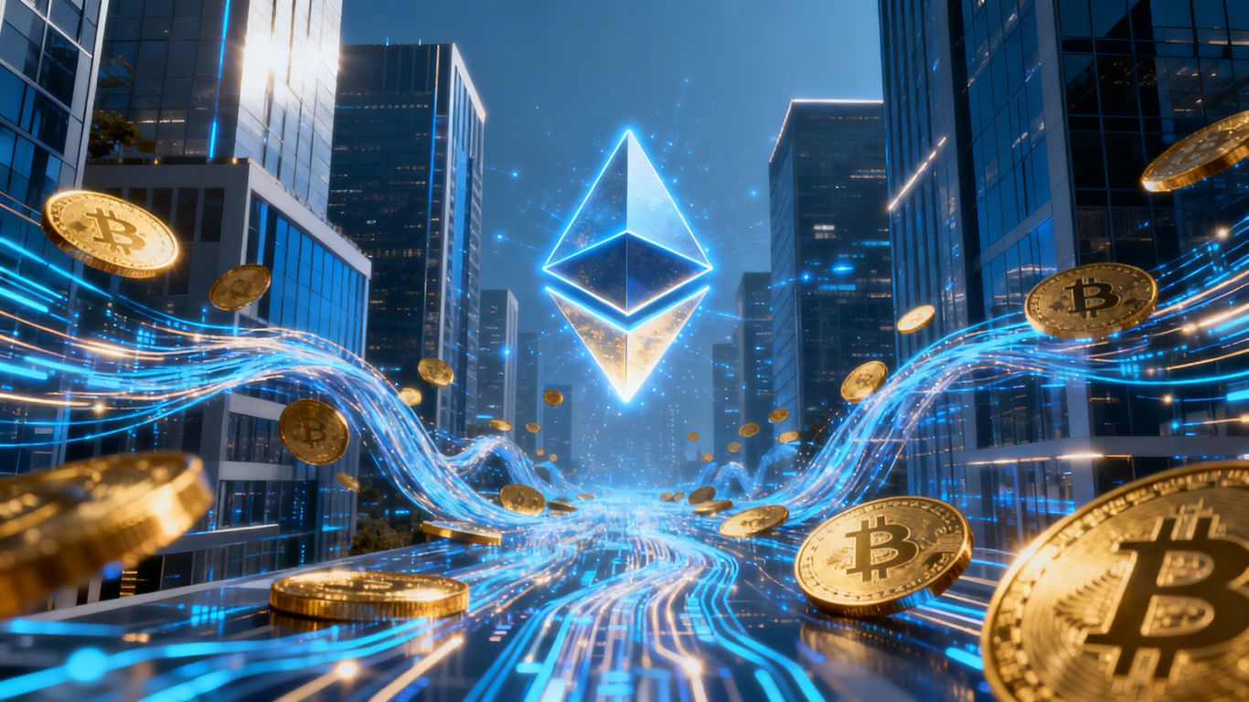 Ethereum symbols and financial structures in a digital cityscape.