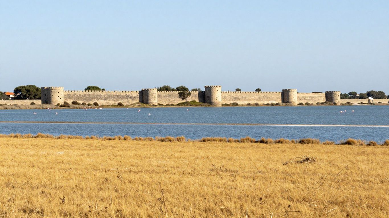 Salt flats and flamingos near Aigues-Mortes