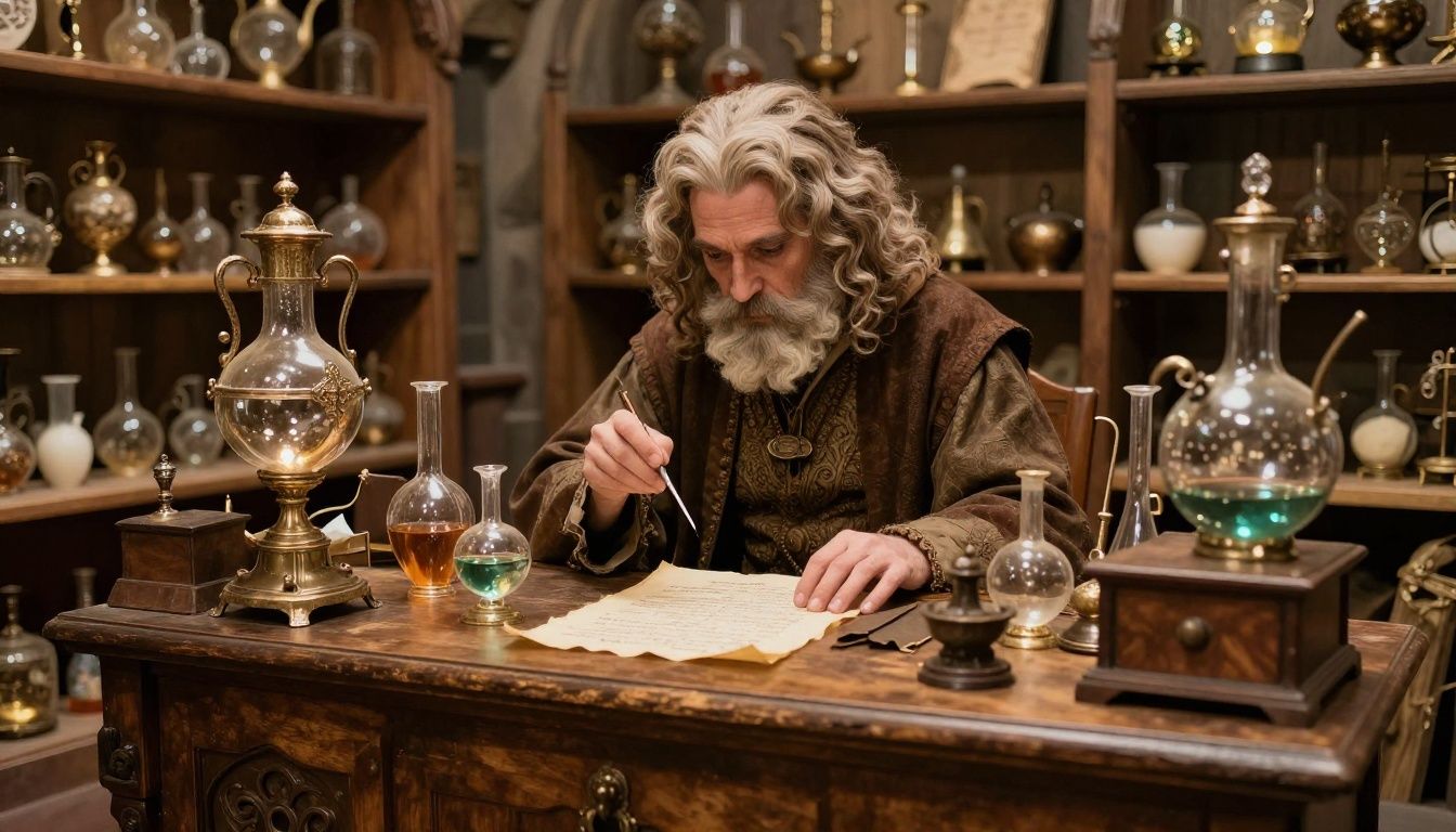 Um balcão de loja mágica medieval repleto de frascos brilhantes e pergaminhos antigos sob a observação de um mercador misterioso