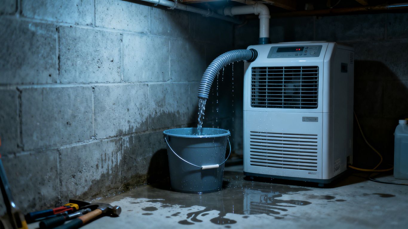 Basement dehumidifier collecting water during thaw and spring rains.