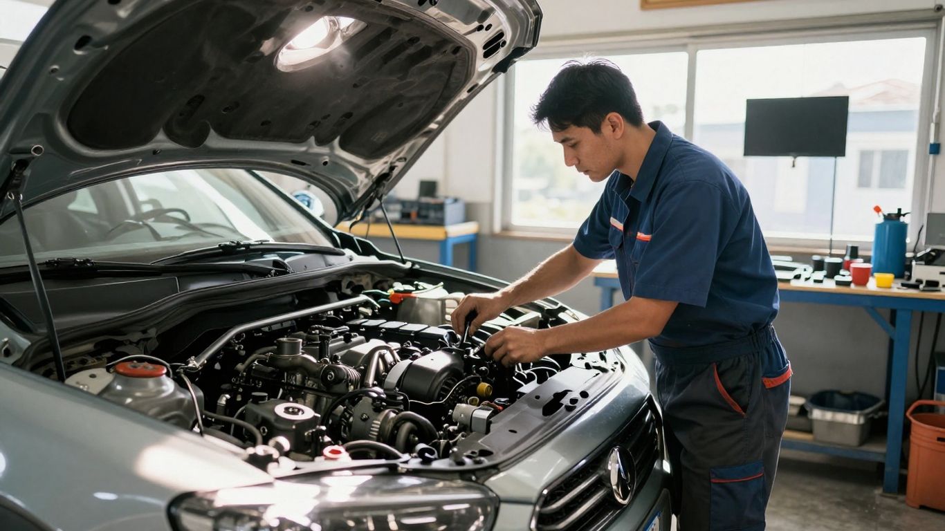 Mechanic inspecting a car engine in a workshop.