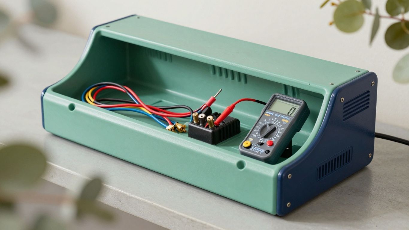 Battery charger beside labelled terminals