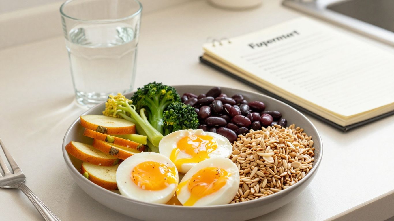 Plato saludable y vaso de agua junto a una agenda prenatal