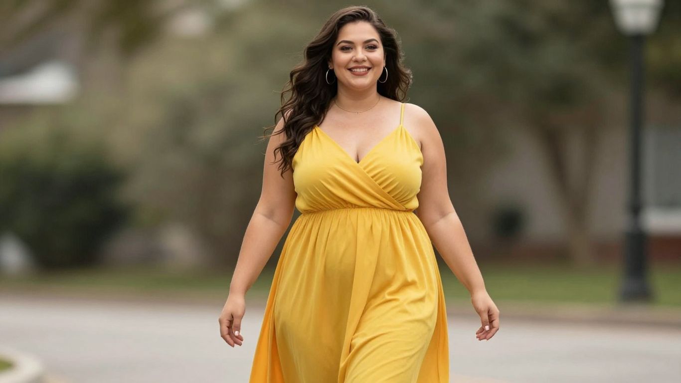 Plus size woman in a comfortable A-line dress.
