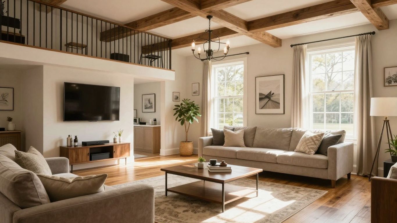 Finished basement living area in Suwanee, Georgia.