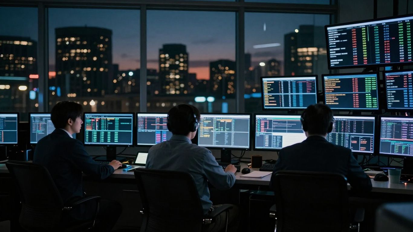 After-hours trading floor with city skyline at night.