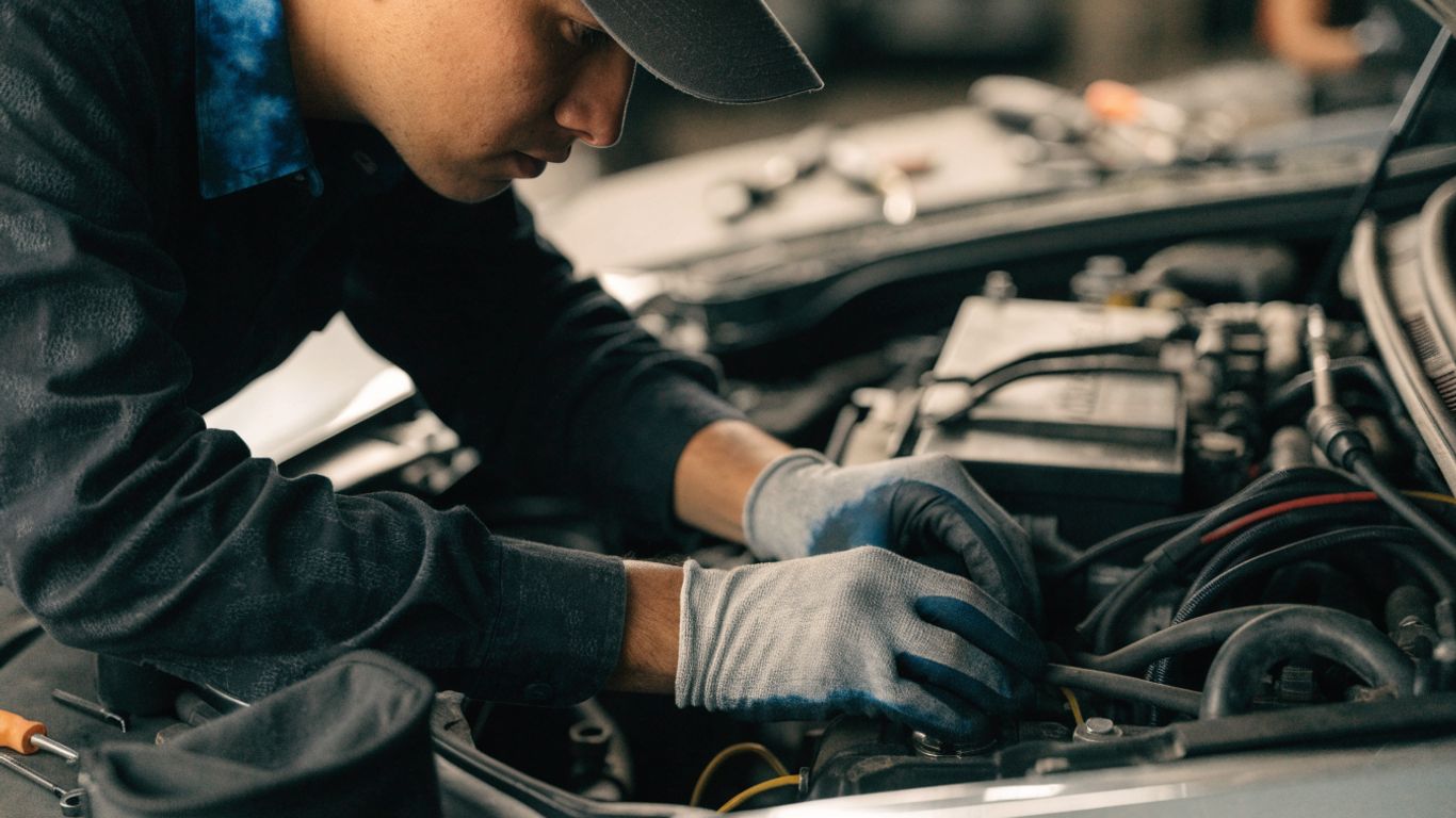 Technician checking engine bay connections