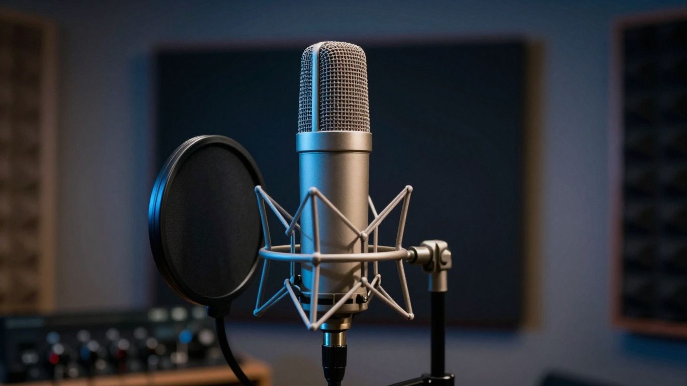 A professional recording microphone in a dim booth
