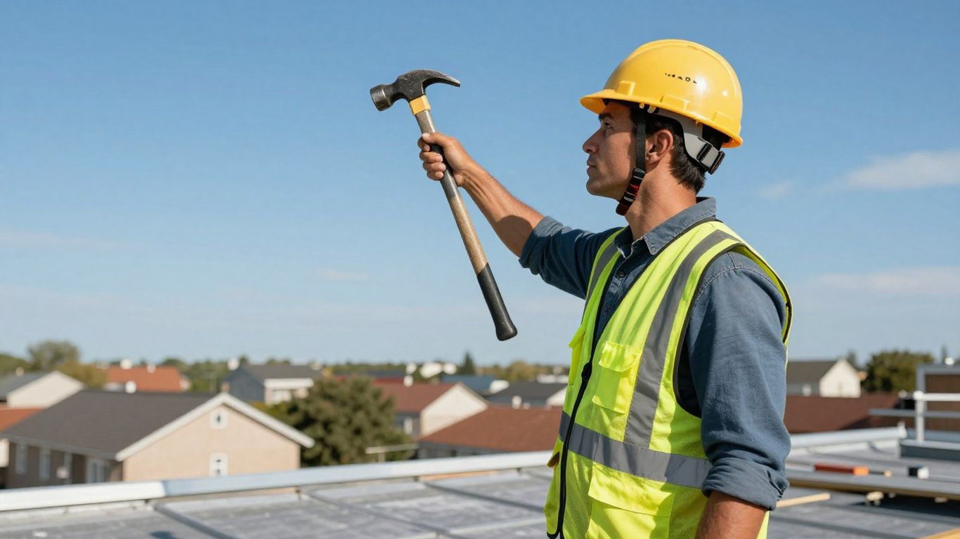 Roofer on a sunny rooftop holding a hammer.