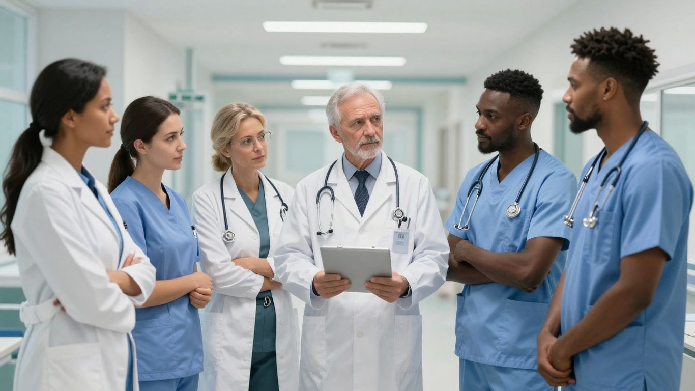 Healthcare professionals collaborating in a modern hospital.