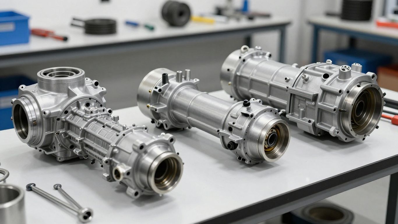 Used Mitsubishi gearboxes in a workshop setting.